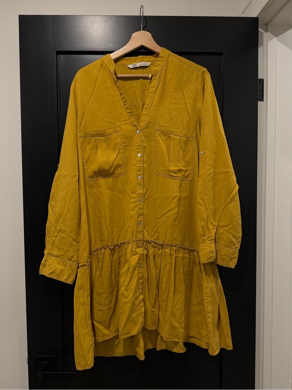 Zara Mustard Yellow V-Neck Button-Front Tunic Dress